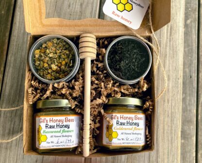 honey and tea gift box with wooden honey dipper